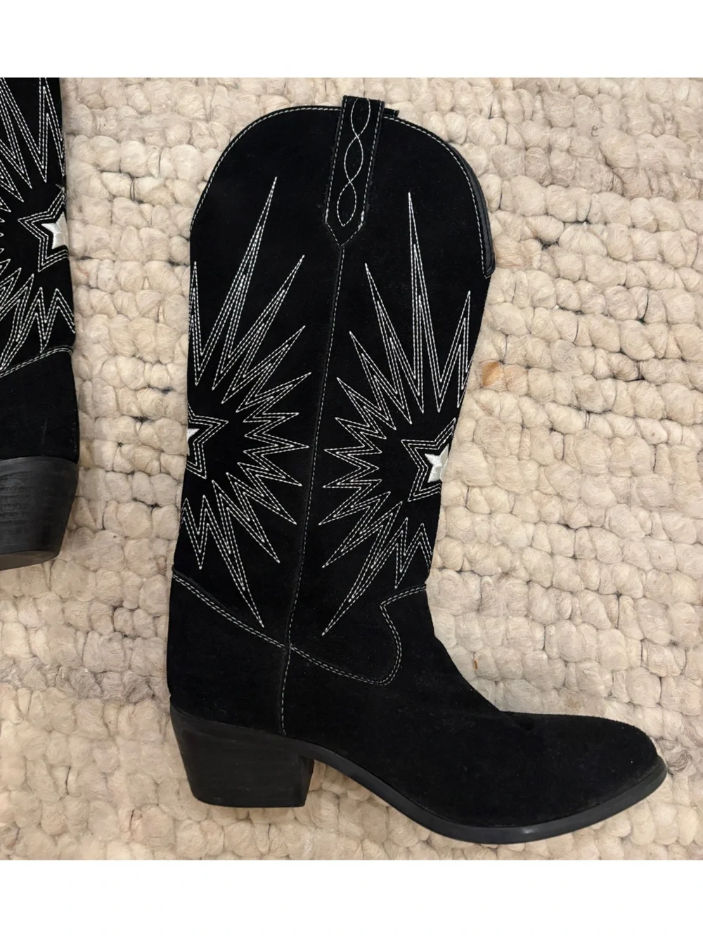 Dingo black suede cowboy boots with white embroidered starburst design
